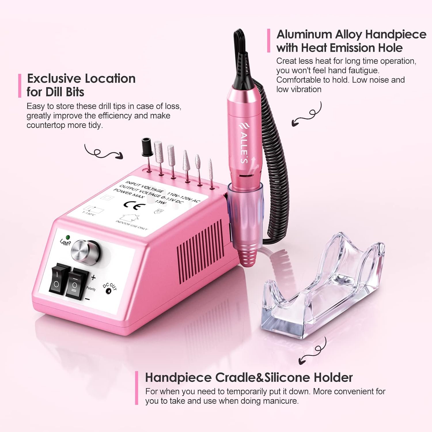 Professional Nail Drill Machine 20000 RPM Efile Electric Nail Filer Kit for Finger Toe Nails, Acrylic Gel Nails, Manicure Pedicure Drill with 6Pcs Nail Bits, 106Pcs Sanding Bands - Pink - Image 4