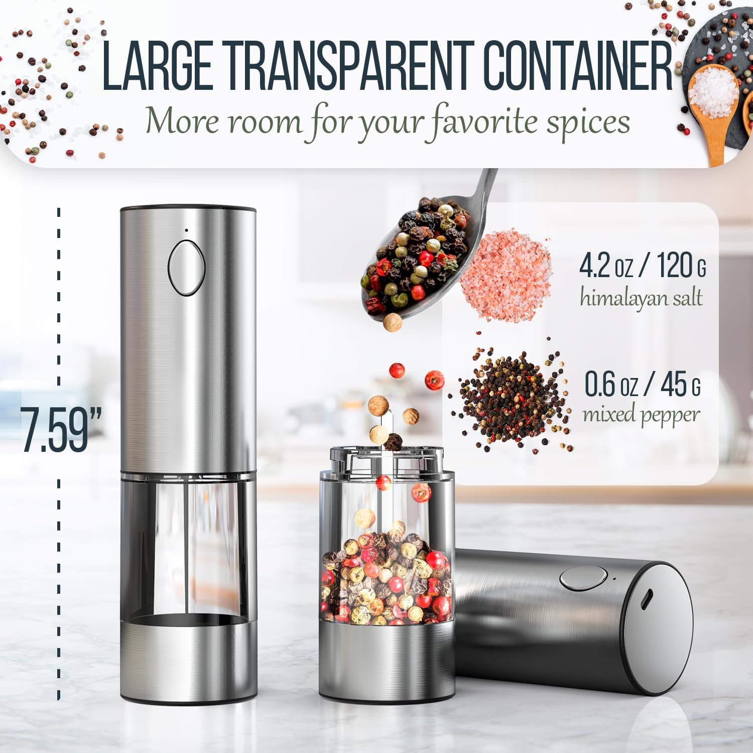 Electric Salt and Pepper Grinder Set – Automatic Salt and Pepper Grinder Set with LED Light – Stainless Steel Electric Salt and Pepper Shakers – Rechargeable Spice Grinder for Kitchen - Image 6