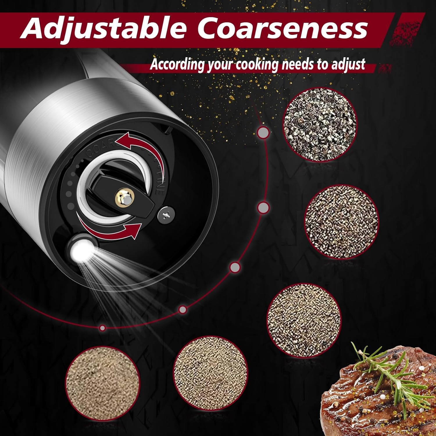 2 Packs Lighted Stainless Steel Rechargeable Electric Salt and Pepper Grinder Set with Adjustable Coarseness,One Hand Operation Automatic Salt and Pepper Mill Grinder Shakers - Image 5