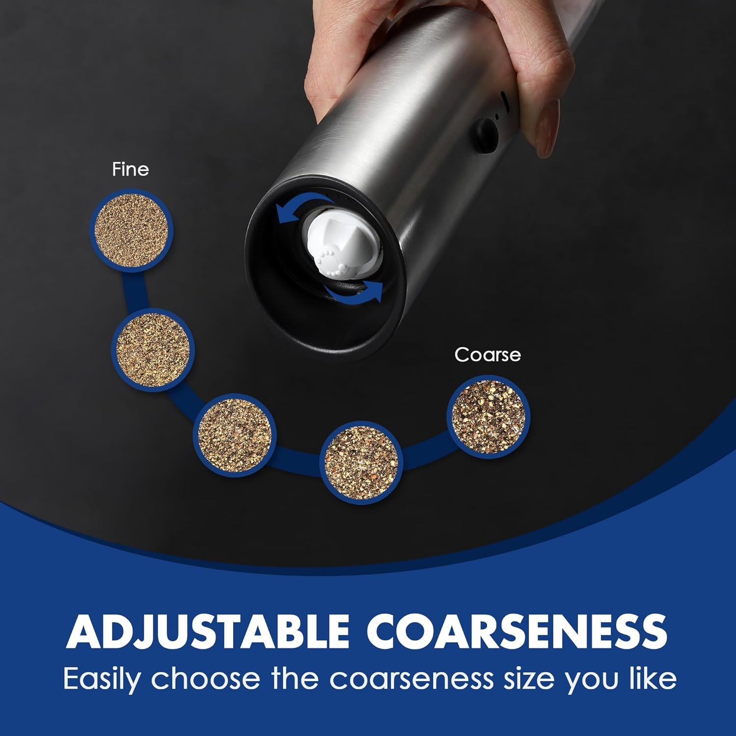 Vzaahu Gravity Electric Pepper and Salt Grinder Set of 2 - Rechargeable, Refillable, Adjustable Coarseness, Stainless Steel Salt Pepper Mill with LED light - One Hand Operation (Sliver) - Image 6