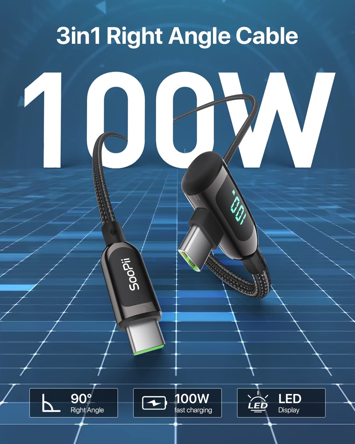 SOOPII 100W Right Angle USB C to USB C Cable,4FT Zinc Alloy Braided Type-C Cable with LED Display for iPhone 16/15, lPad Air/Pro,MacBook Pro,Samsung S23/S22/S10,Pixel,LG(4ft,Black) - Image 3