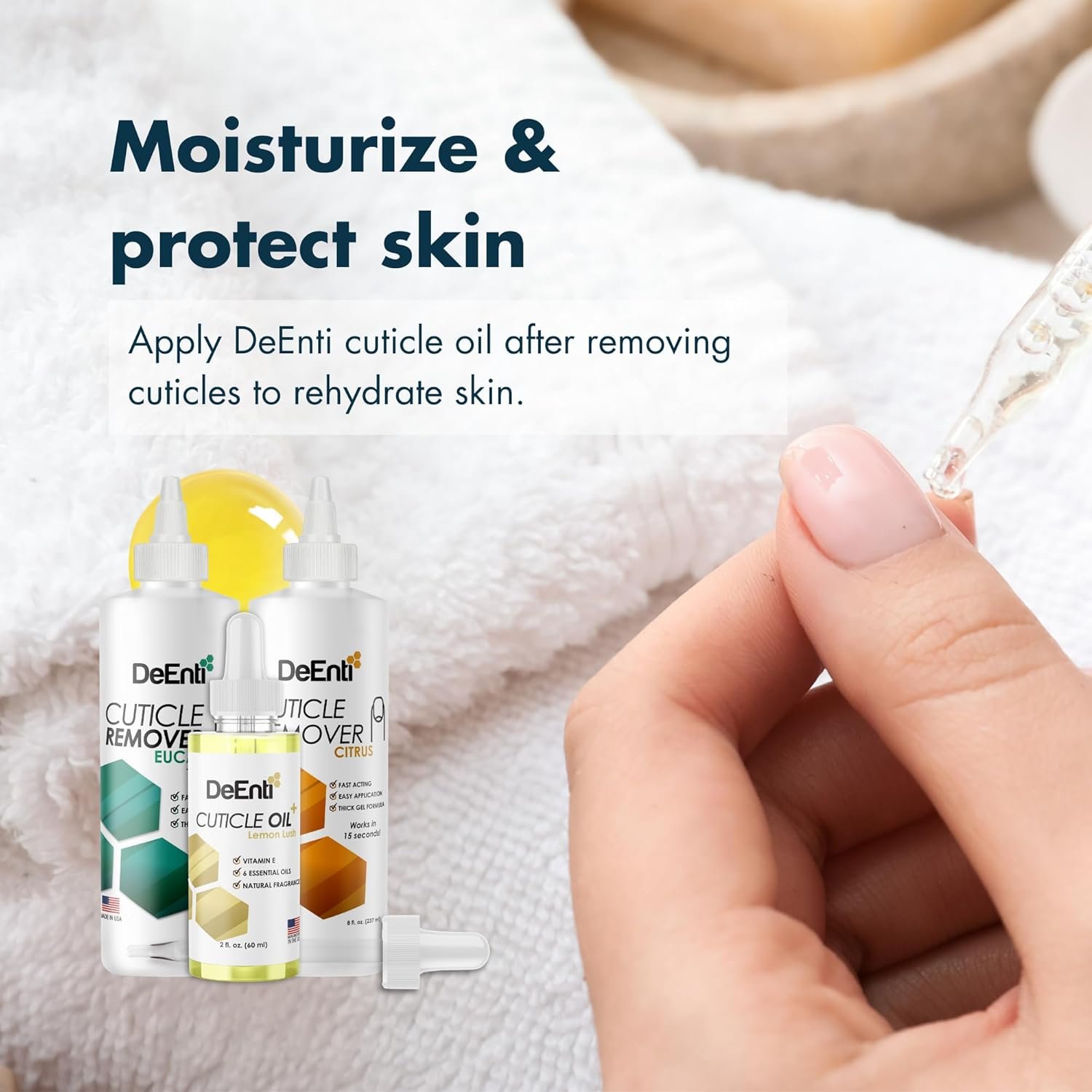 DeEnti Cuticle Maintenance Pack, Bundle Includes Citrus Scented Cuticle Remover, Cuticle Oil for Nails, and Metal Cuticle Pusher Tool, Salon Grade Cuticle Care, Home Manicure and Pedicure Kit - Image 5