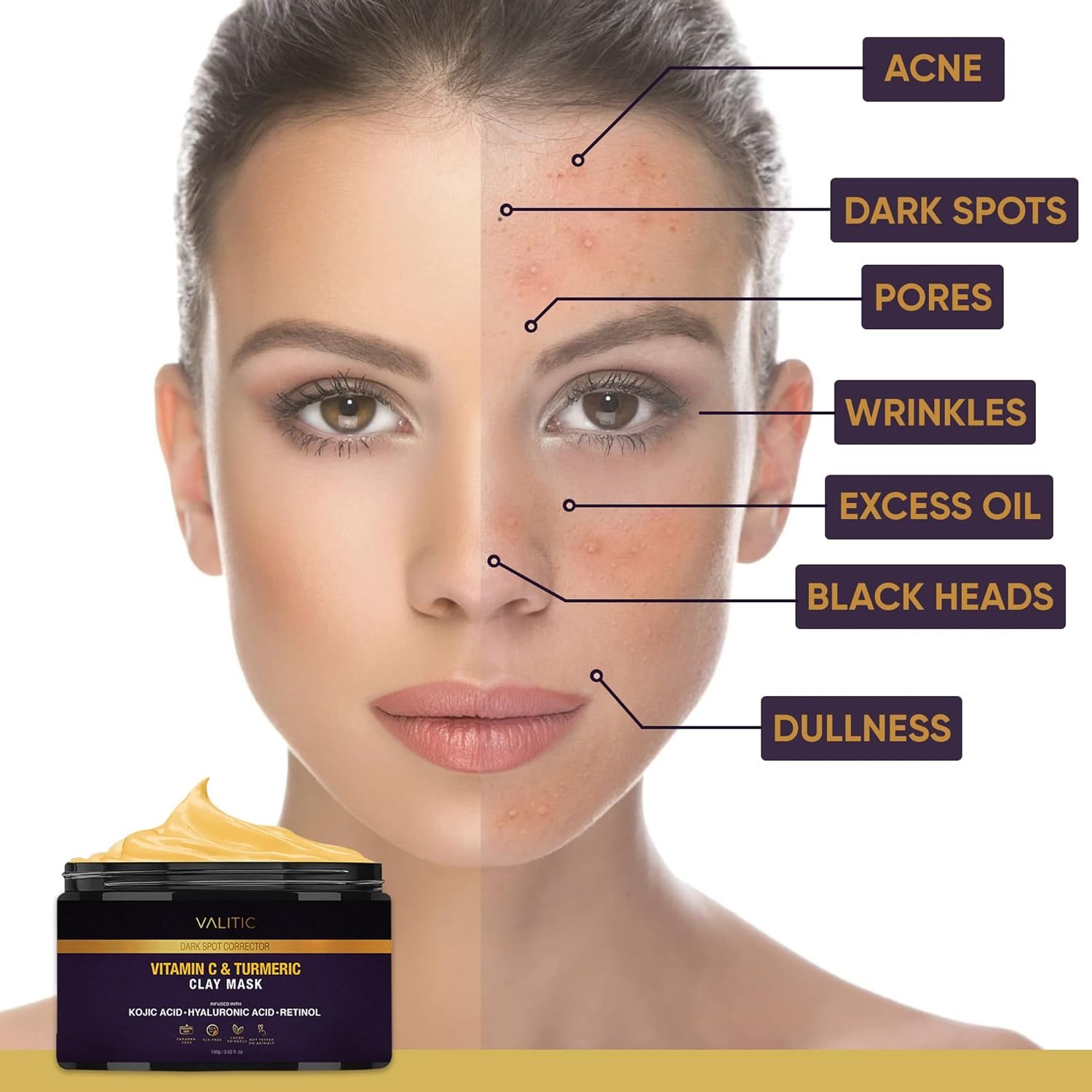 VALITIC Vitamin C & Turmeric Clay Mask - Dark Spot Corrector with Kojic Acid, Hyaluronic Acid & Retinol - Skin Care Routine for Minimizing Pores & Blackheads - with Applicator Brush - 100g - Image 7