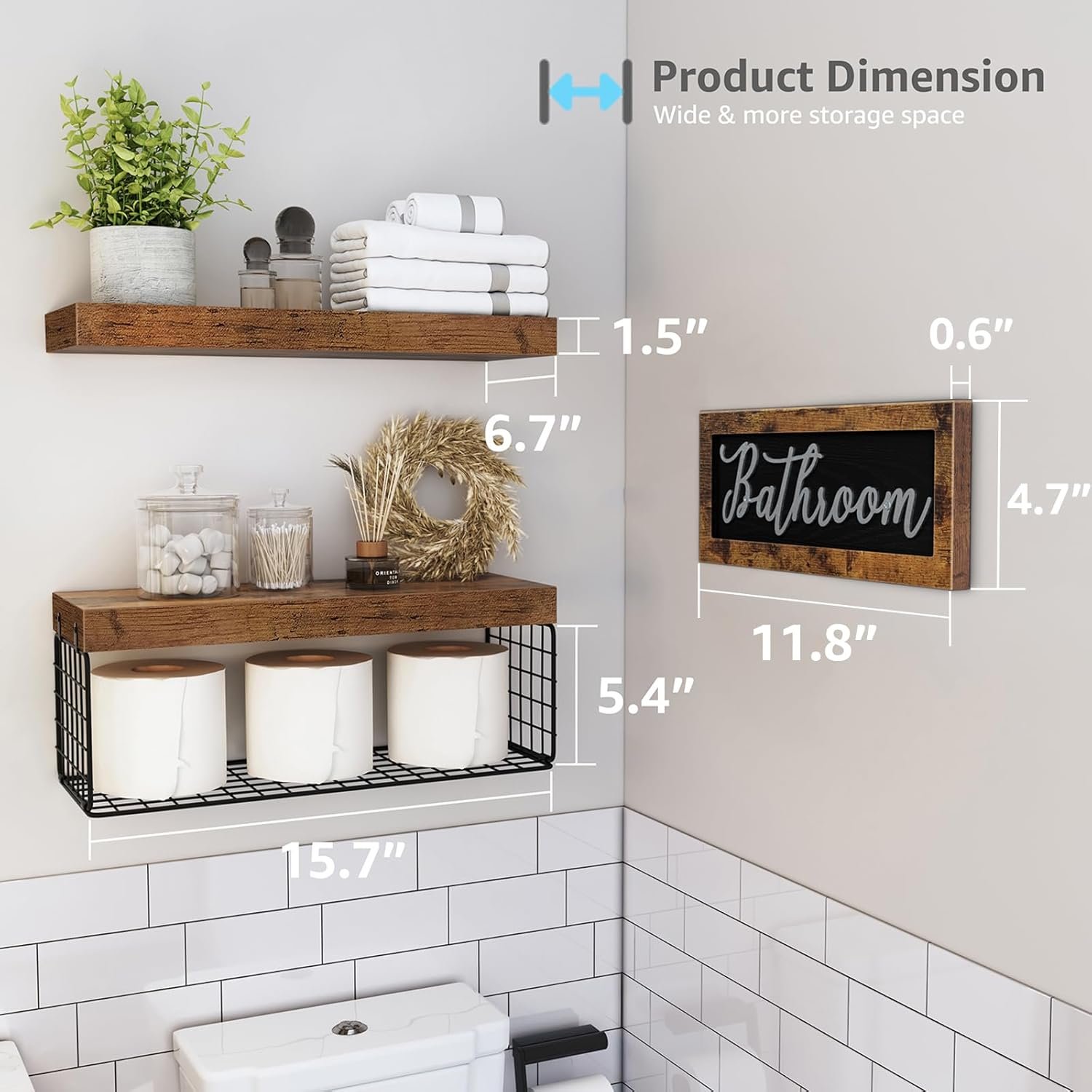 QEEIG Bathroom Shelves Over Toilet Paper Storage Wall Mounted Farmhouse Decor Decorations Aesthetic Décor Sign Small Floating Wall Shelf 2+1 Set 16 inch, Rustic Brown (020BN) - Image 4