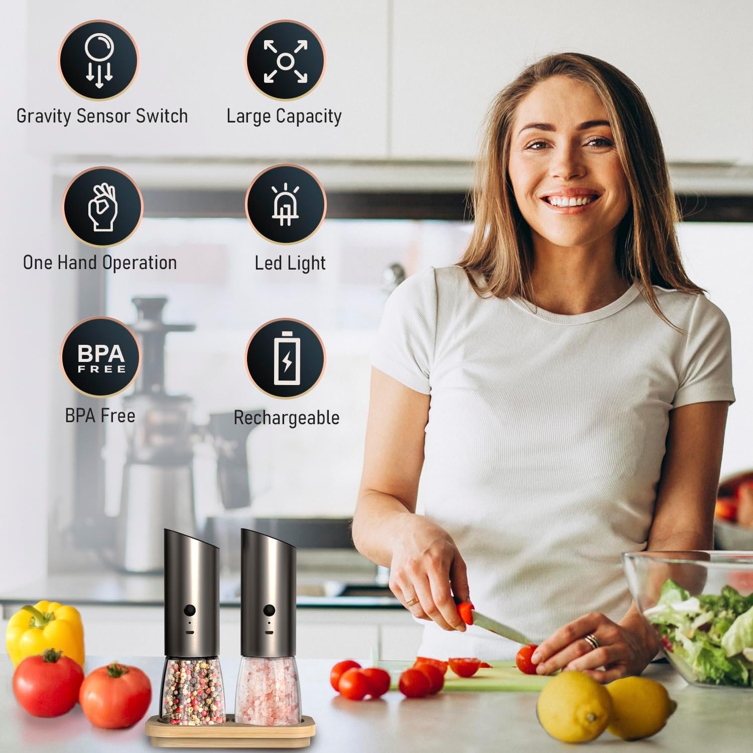 Electric Salt and Pepper Grinder Set with Adjustable Coarseness, LED Light and a Bamboo Base – Rechargeable Stainless Steel Spice Grinder for Kitchen - Automatic Salt and Pepper Shakers - Image 8