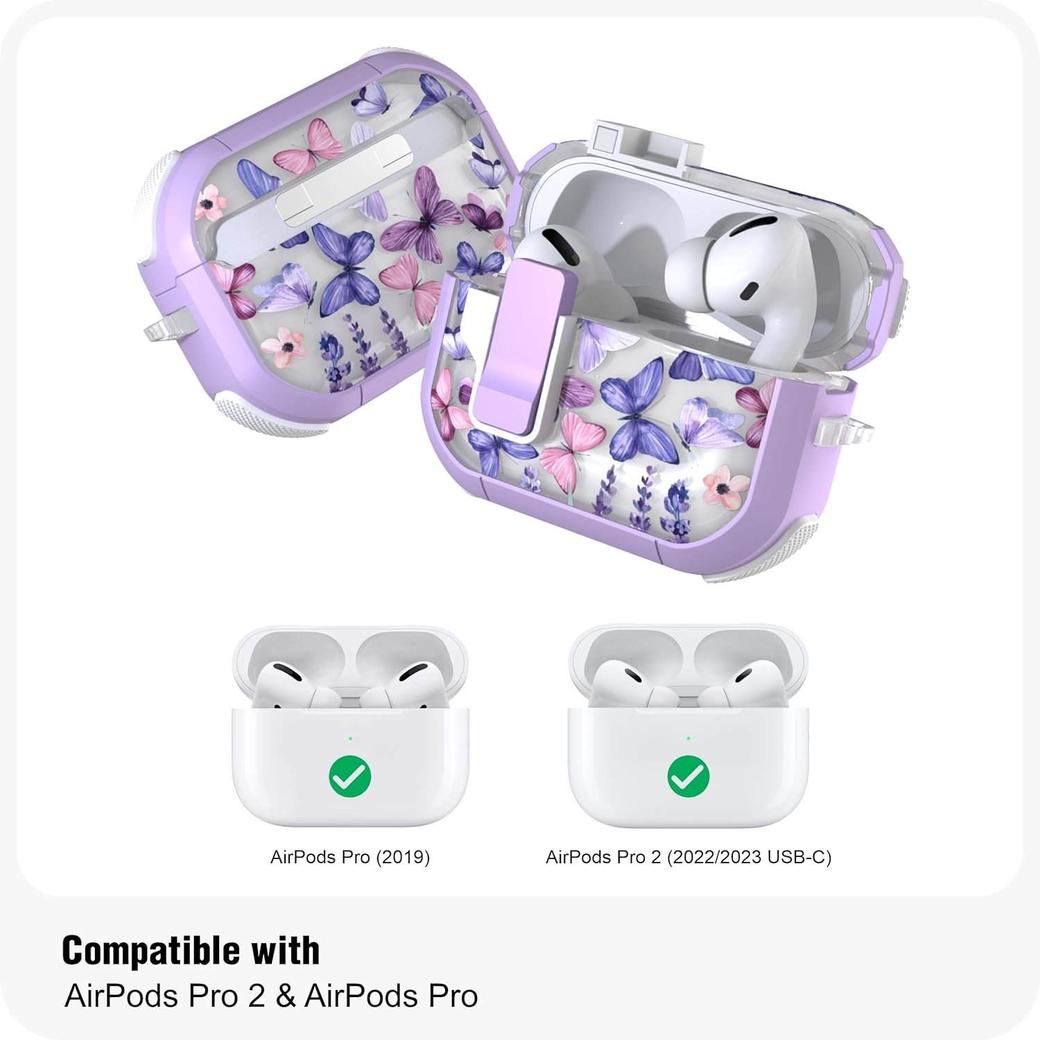 WENEW Case for AirPods Pro & Pro 2 Case Cover Secure Lock Automatic Snap Switch Clip Cleaner Kit Lanyard Women Stylish Hard Shell Full Body Front LED Visible (Purple Butterfly, AirPods Pro & Pro 2) - Image 3