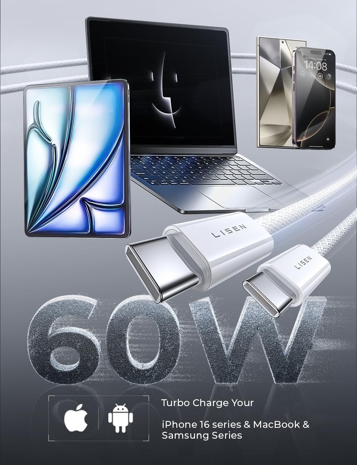 LISEN for iPhone 16 15 USB C to USB C Fast Charging, 60W USB C Cable Type C Fast 4 in 1 Charging Cable for iPhone 16 15,Samsung S24 S23 iPad Pro 13 12.9 11 inch, iPad Air 5,White 3Pack 6FT - Image 3