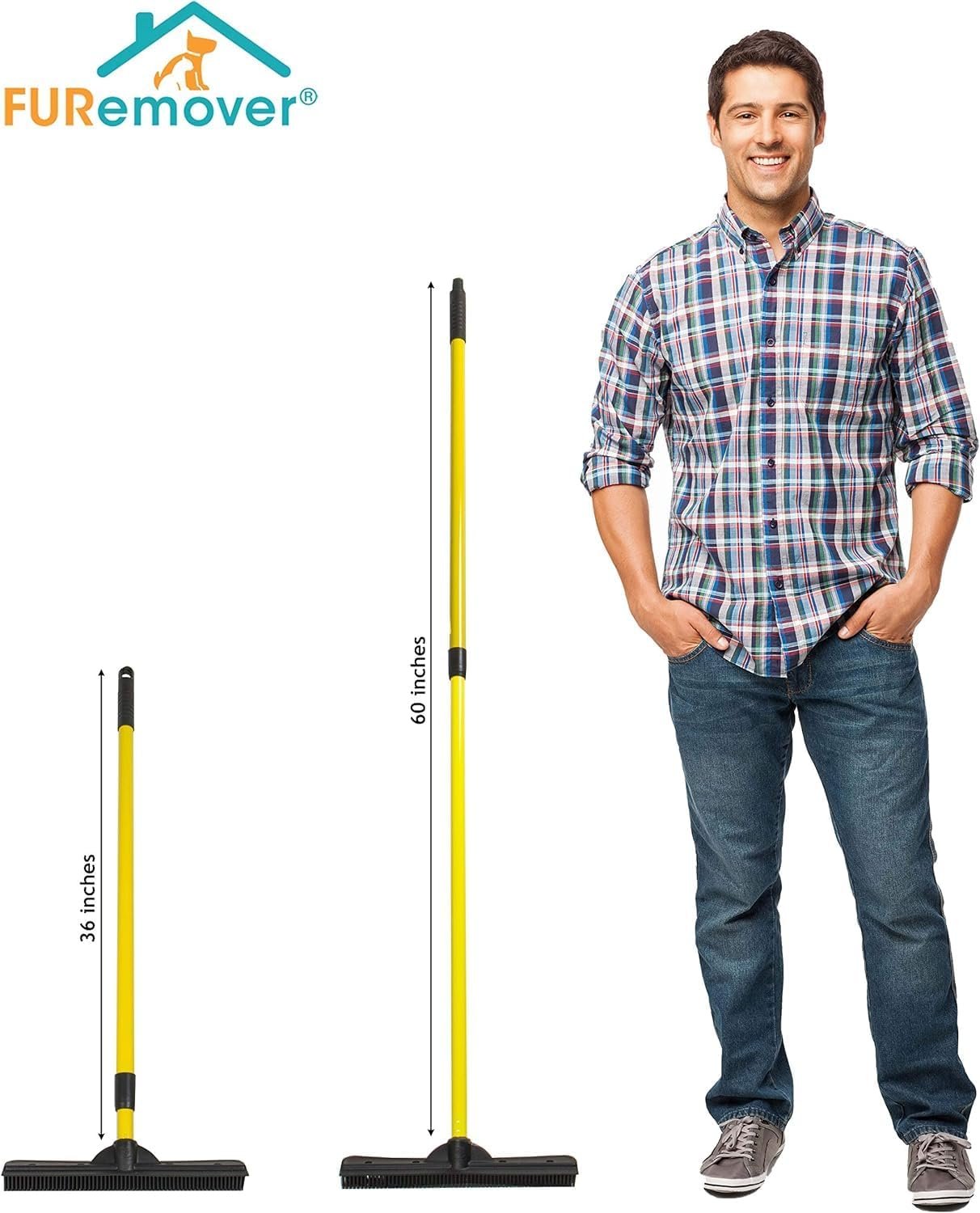 FURemover Original Indoor Pet Hair Rubber Broom with Carpet Rake and Squeegee, Black and Yellow - Image 12