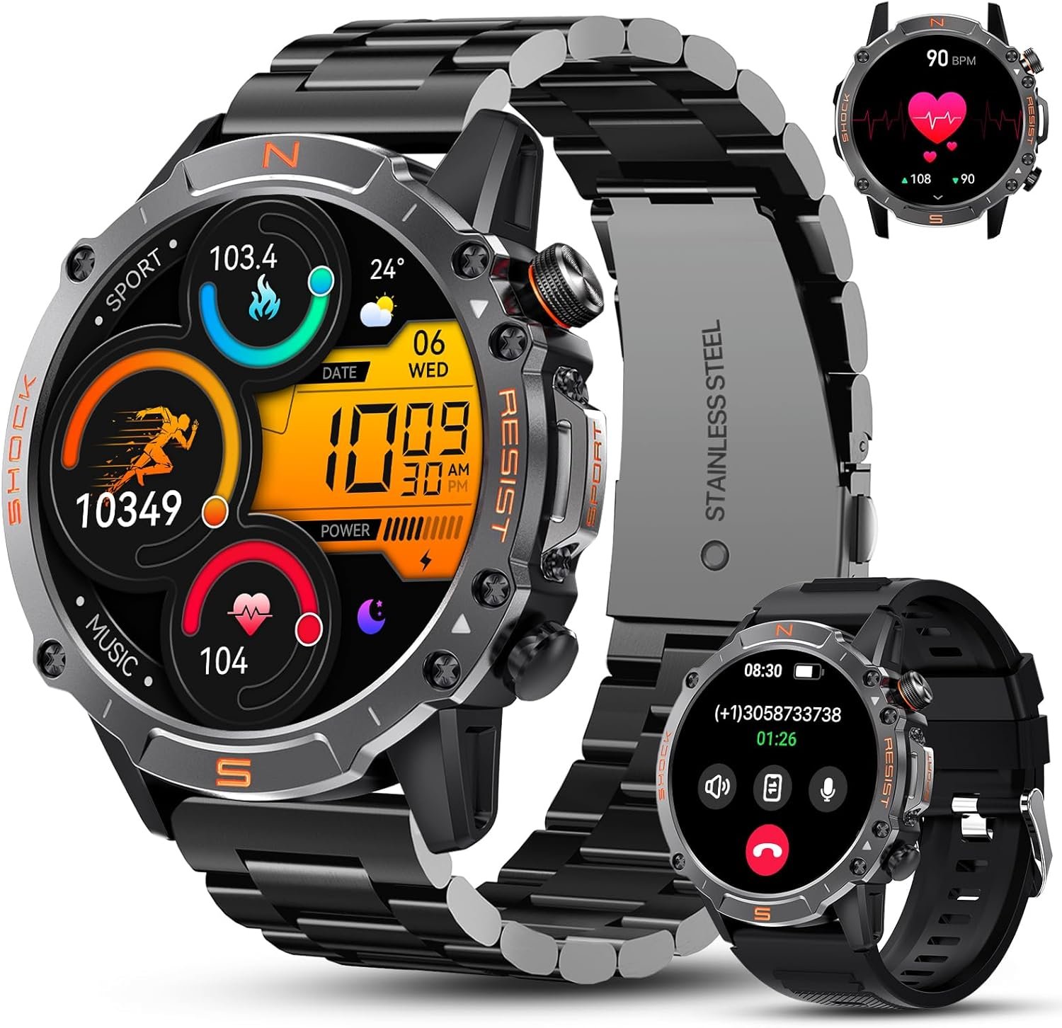 WalkerFit Smart Watch for Men- Answer/Dial Calls with 110 Sport Models,IP68 Waterproof Fitness Watch with Heart Rate Monitor,Android Smart Watch for iPhone Compatible, 1.43" AMOLED Display,Steel Black - Image 2