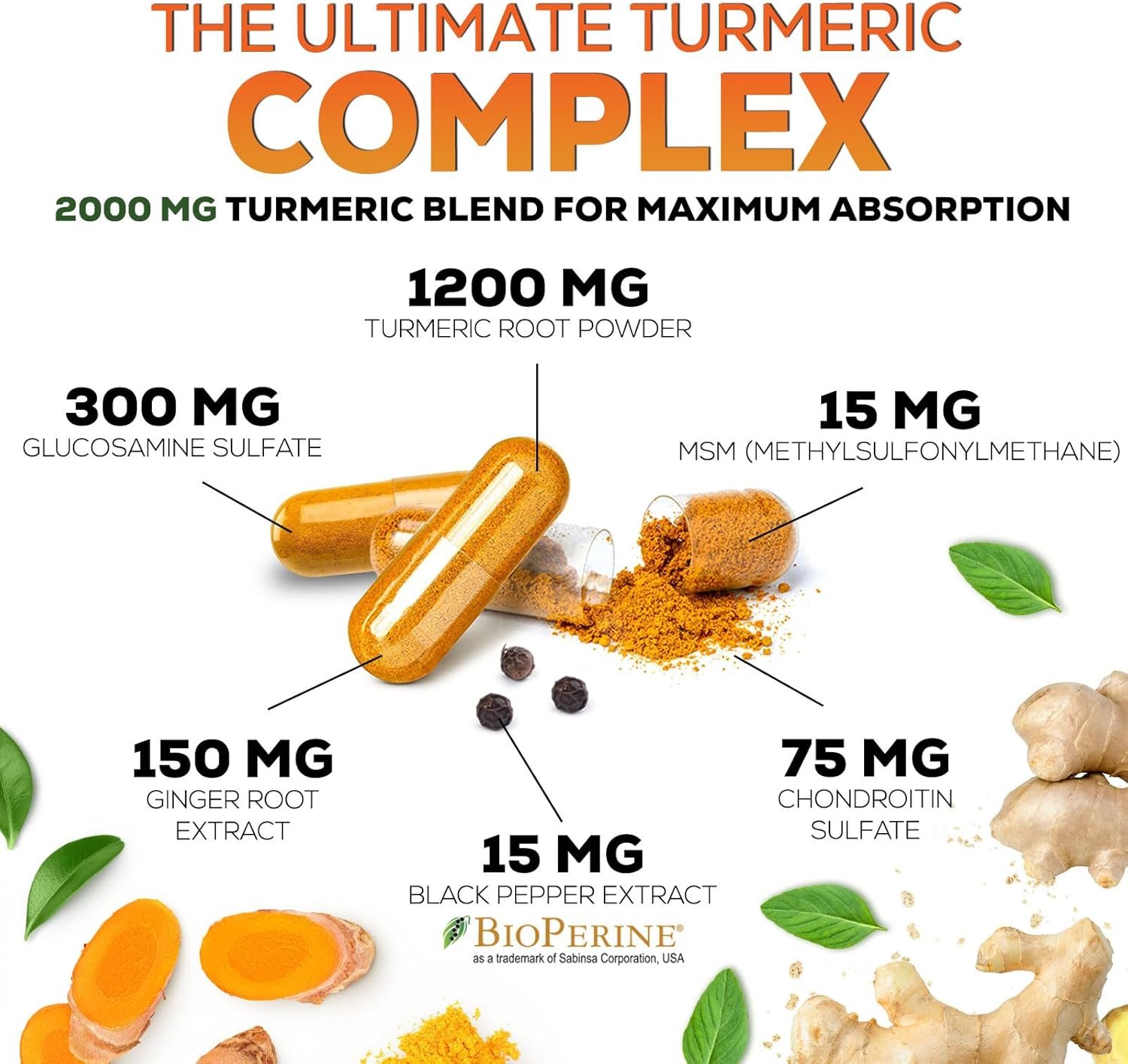 Turmeric Curcumin with BioPerine, Ginger & Glucosamine 95% Curcuminoids 2000mg Black Pepper for Max Absorption Joint Support, Nature's Tumeric Herbal Extract Supplement, Vegan, Non-GMO - 240 Capsules - Image 4