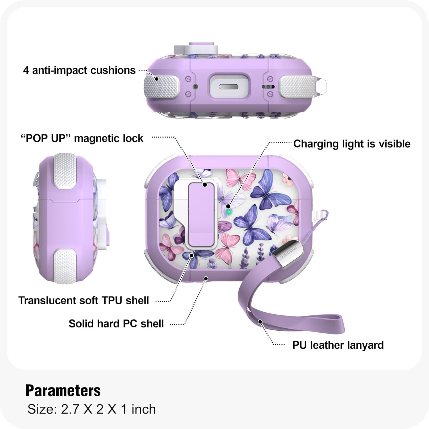 WENEW Case for AirPods Pro & Pro 2 Case Cover Secure Lock Automatic Snap Switch Clip Cleaner Kit Lanyard Women Stylish Hard Shell Full Body Front LED Visible (Purple Butterfly, AirPods Pro & Pro 2) - Image 7