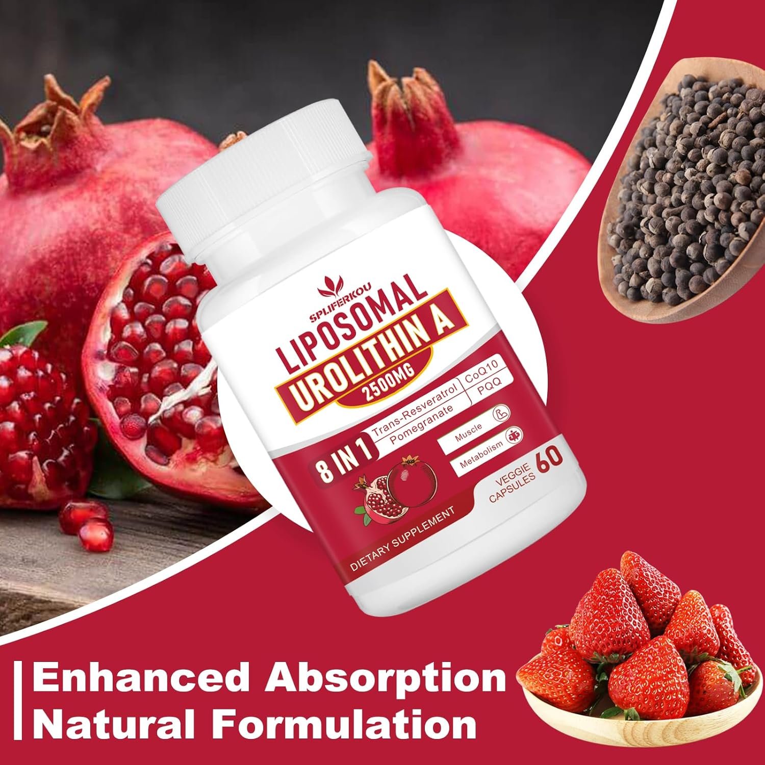 Liposomal Urolithin A Supplement 2500mg with Resveratrol,CoQ10,Pomegranate Fruit Extract,Premium Cellular Energy Regeneration,Gluten Free,60Capsules - Image 7