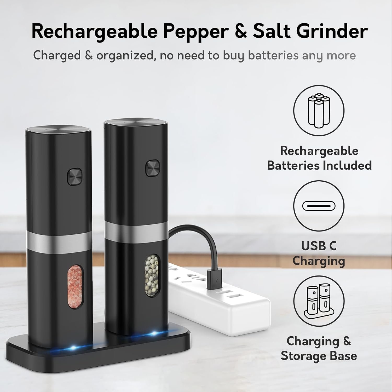 Syaws Pepper Grinder,Electric Salt and Pepper Grinder Set,Rechargeable Pepper Mill-No Battery Needed-Automatic Salt Grinder with Charging Base,Adjustable Coarseness,Blue LED Light,2 Pack - Image 3