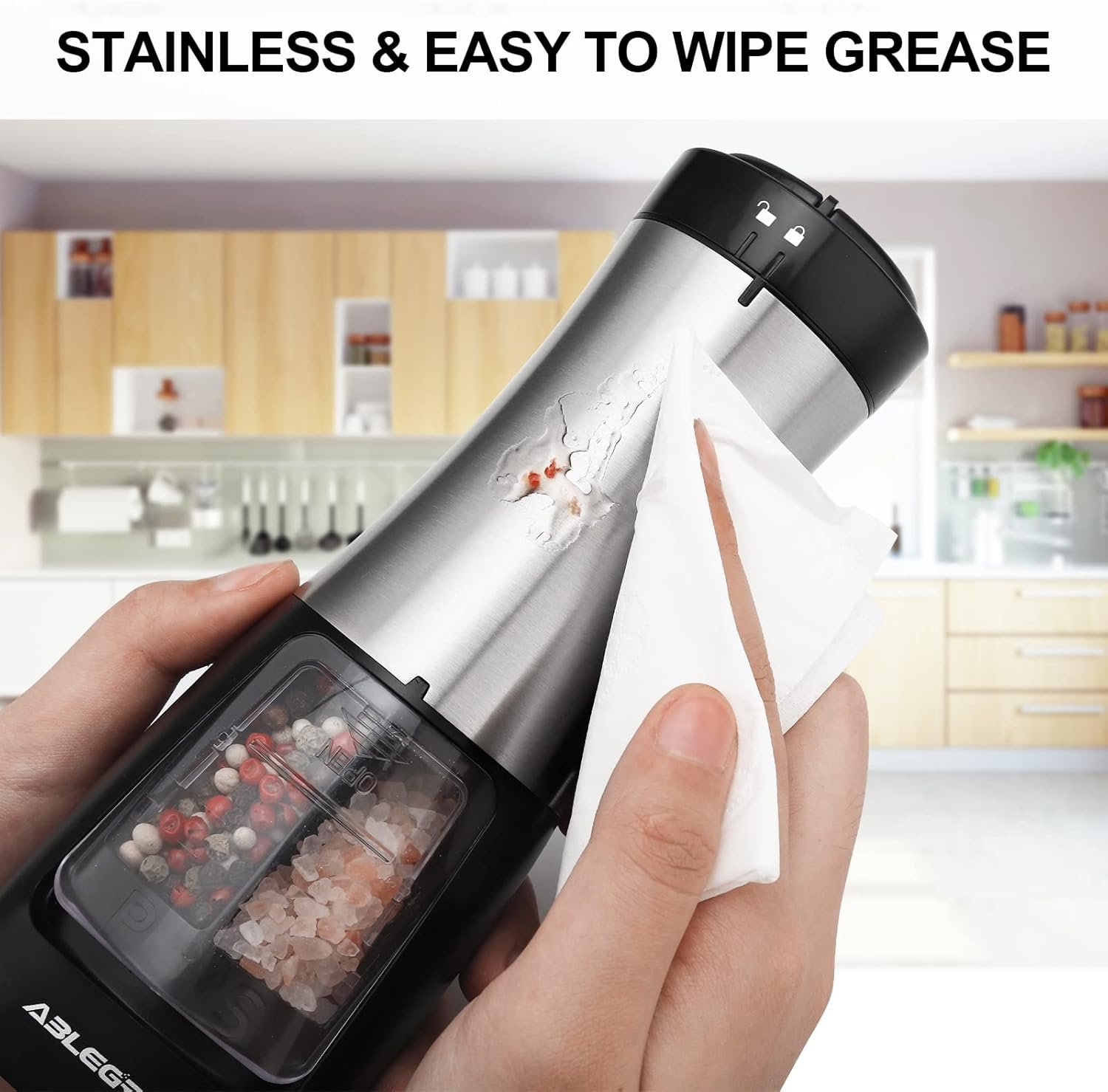 ABLEGRID Electric Salt and Pepper Grinder 2 in 1 Battery Powered, Automatic Pepper Mill & Salt Grinder Refillable, One-handed Operation, Adjustable Coarseness, 2-Button Control, Ceramic Grinding Core - Image 8