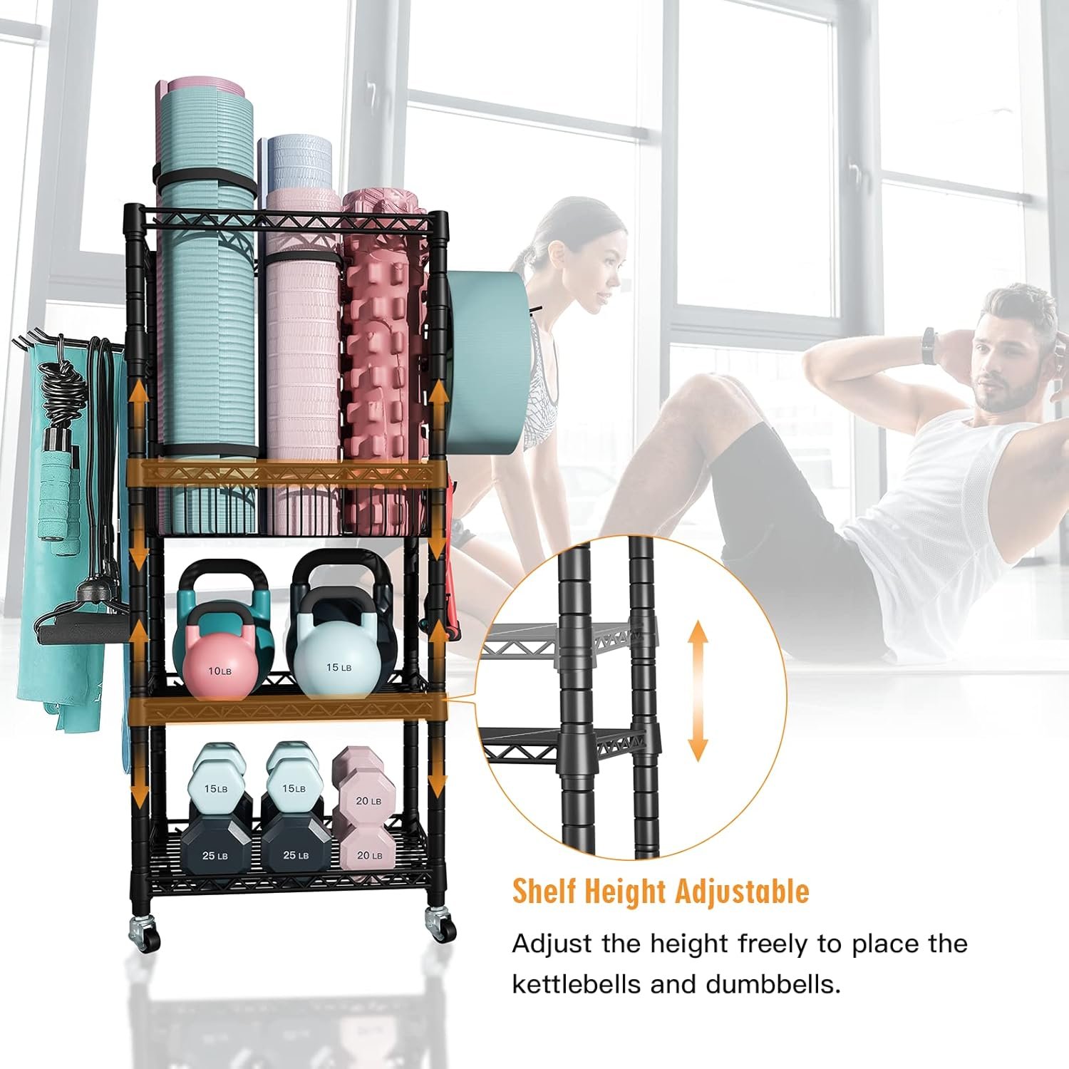 S1 Home Gym Storage, 3-Tier Workout Equipment Organizer with Wheels for Yoga Mats, Foam Roller, Dumbbells, Kettlebells, and Resistance Bands, 47.4" H x 27.5" L x 11.8" D, Black - Image 5