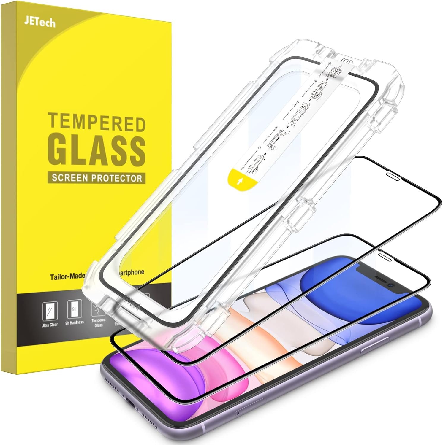 JETech One Touch Install Screen Protector for iPhone 11/XR 6.1-Inch, Full Coverage Tempered Glass Film, Auto Alignment Tool Kit, HD Clear, 2-Pack - Image 2