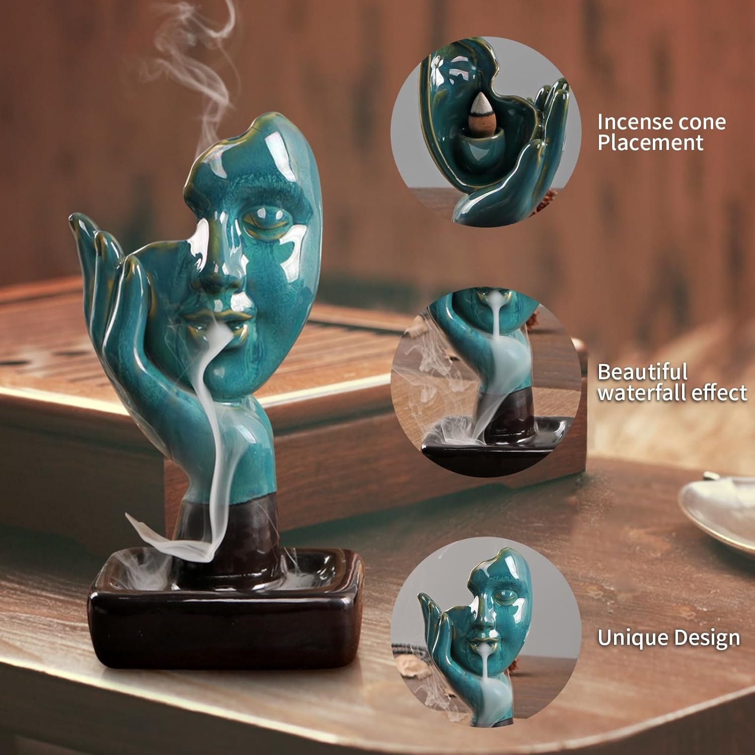 YYW Waterfall Incense Burner Backflow Incense Holder Fountain with 20 Incense Cones and 30 Incense Sticks Contemplate Half Face Incense Holder Aromatherapy Ornament Thinking Statue Yoga Room Decor - Image 3