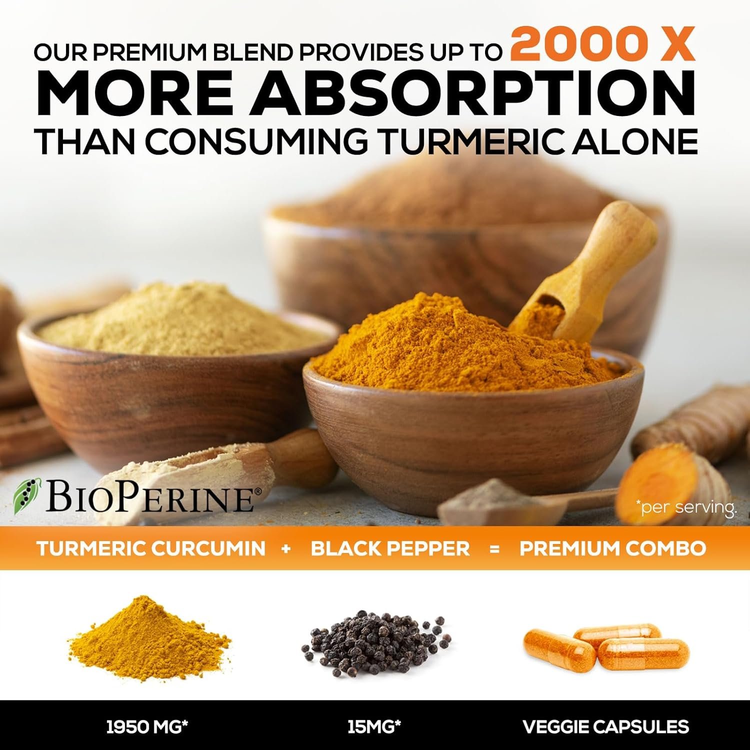 Turmeric Curcumin with BioPerine 1950mg, 95% Standardized Curcuminoids - Black Pepper for Advanced Absorption, Herbal Joint Support, Nature's Tumeric Extract Supplement Non-GMO - 180 Capsules - Image 4