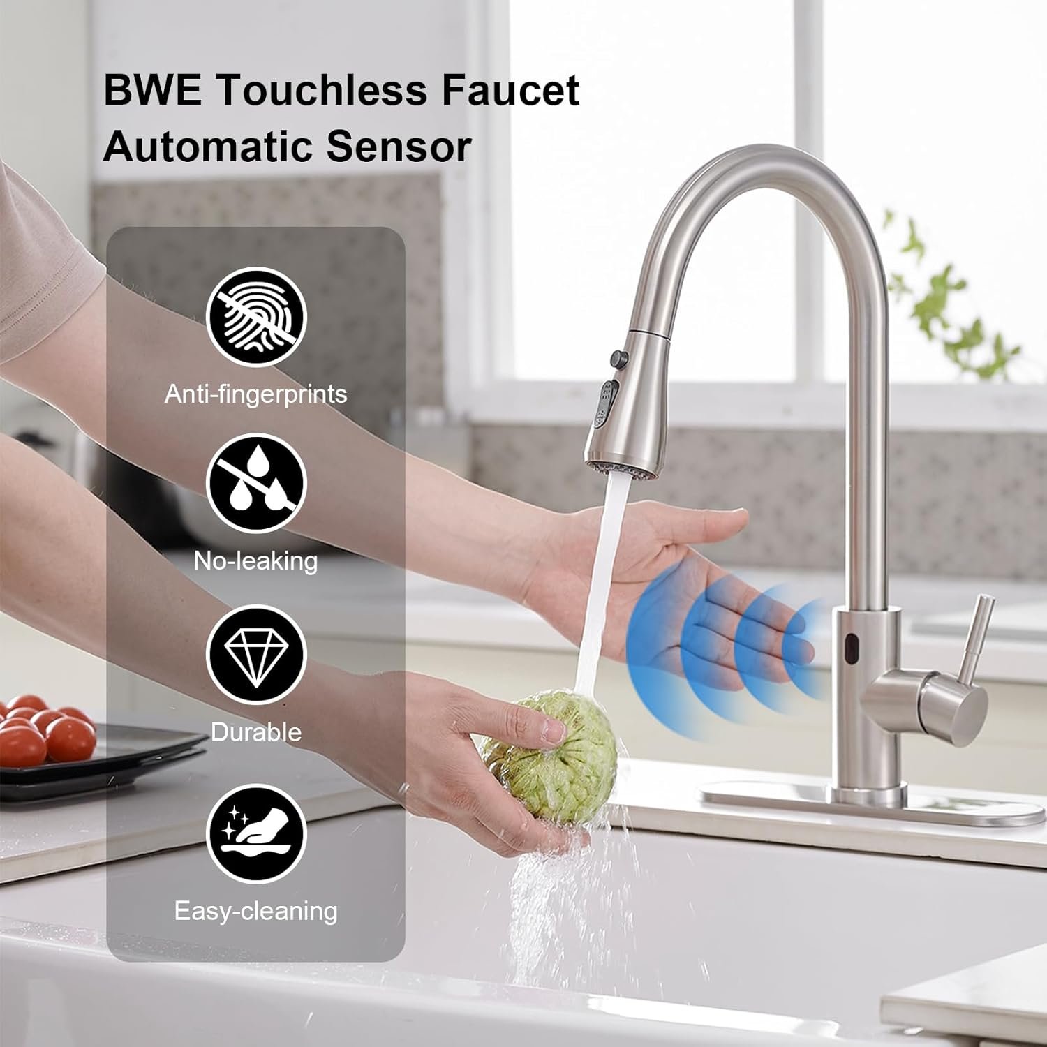 BWE Touchless Kitchen Faucet with Pull Down Sprayer,Single Handle Motion Sensor Kitchen Sink Faucet,High Arc Smart Commercial Faucet for Kitchen Sink Hands-Free,Brushed Nickel - Image 3