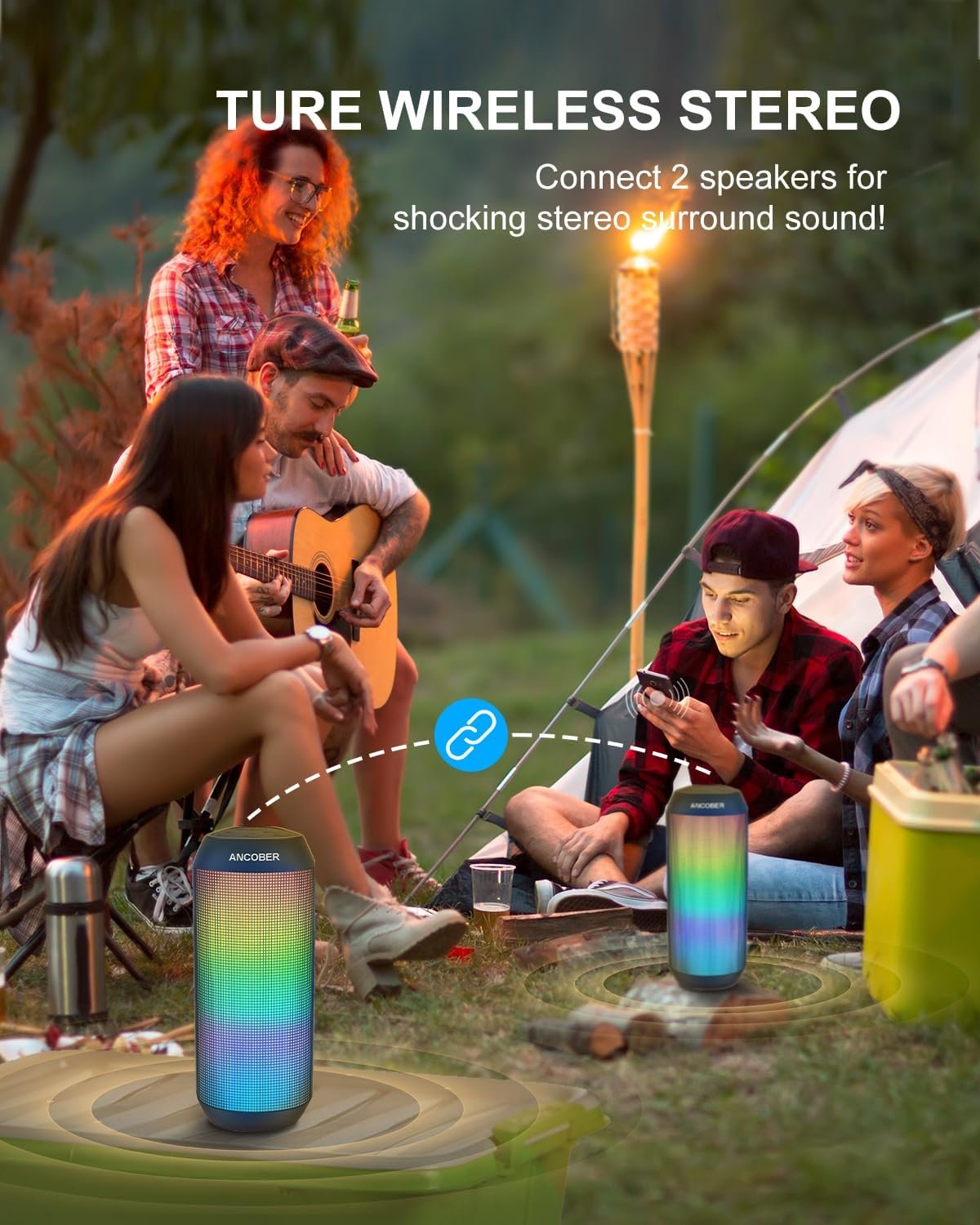Bluetooth Speaker, Portable Wireless HD Stereo Sound with Cool Lights, IPX4 Waterproof, USB Rechargeable,TWS Pairing,for Party Outdoor Camping Travel Electronics Gadgets,Him Her Birthday Gifts - Image 9