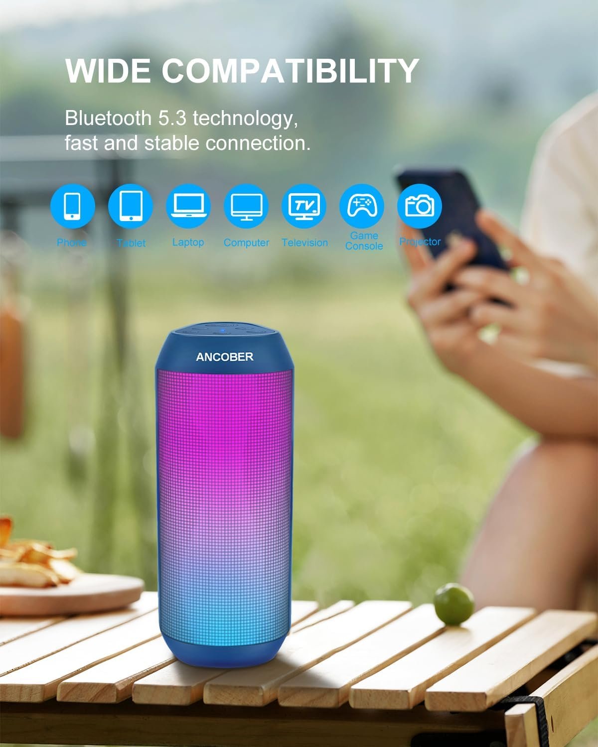 Bluetooth Speaker, Portable Wireless HD Stereo Sound with Cool Lights, IPX4 Waterproof, USB Rechargeable,TWS Pairing,for Party Outdoor Camping Travel Electronics Gadgets,Him Her Birthday Gifts - Image 4