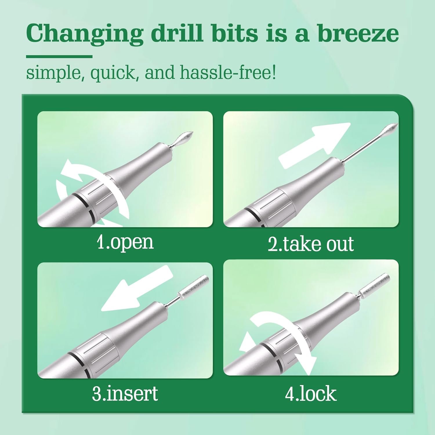 Electric Nail Drill Kit, Low Noise, Low Heat, Low Vibration, Professional Acrylic Nail Drill Machine with 6 Nail Drill Bits and Sanding Bands, Great for a DIY Home or Salon Mani-Pedis (Green) - Image 7