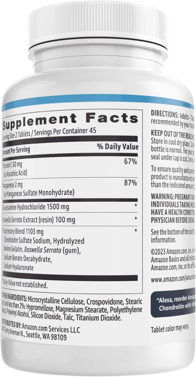 Amazon Basics Glucosamine 1500 mg with Chondroitin and Vitamin C 60 mg, 90 Tablets (2 per serving), Gluten Free - Image 3