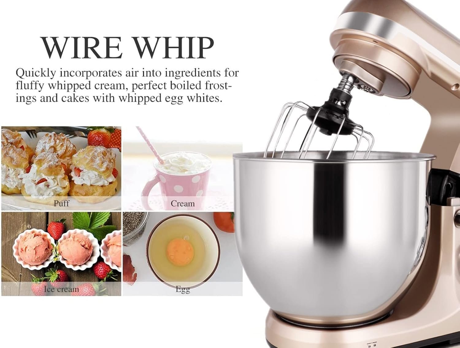 Professional Stand Mixer, 6-Qt with Timer, MK37 500W 6-Speed Tilt-Head Food Electric Mixer Kitchen Machine,Plastic (Champagne) - Image 7