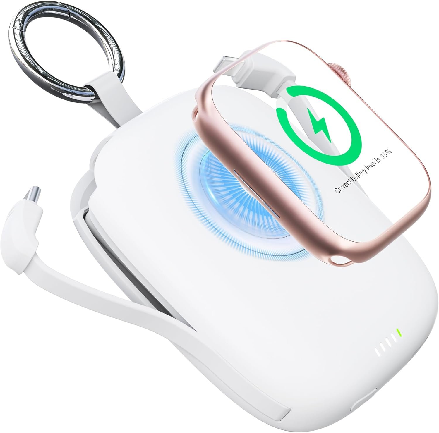 Portable Watch Charger for Apple Watch,5000mAh Wireless i Watch Charger,Power Bank with Built-in Cable,Travel Keychain Charger for Apple Watch S 9/8/7/6/5/4/3/2/SE/Ultra 2,iPhone 15/14/13/12/11(White) - Image 2