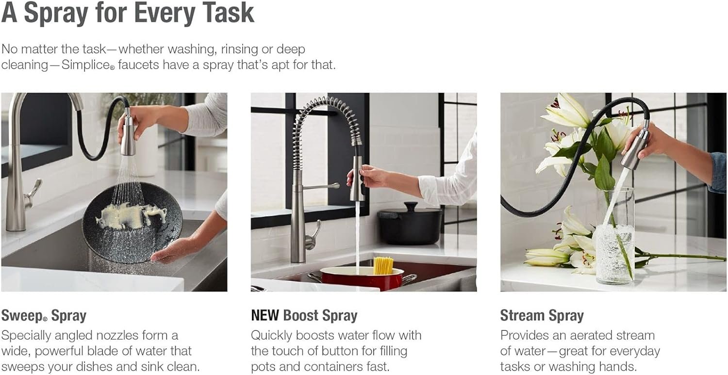 KOHLER 596-VS Simplice Pull Down Kitchen Faucet, 3-Spray Faucet, Kitchen Sink Faucet with Pull Down Sprayer, Vibrant Stainless, High Arch - Image 10
