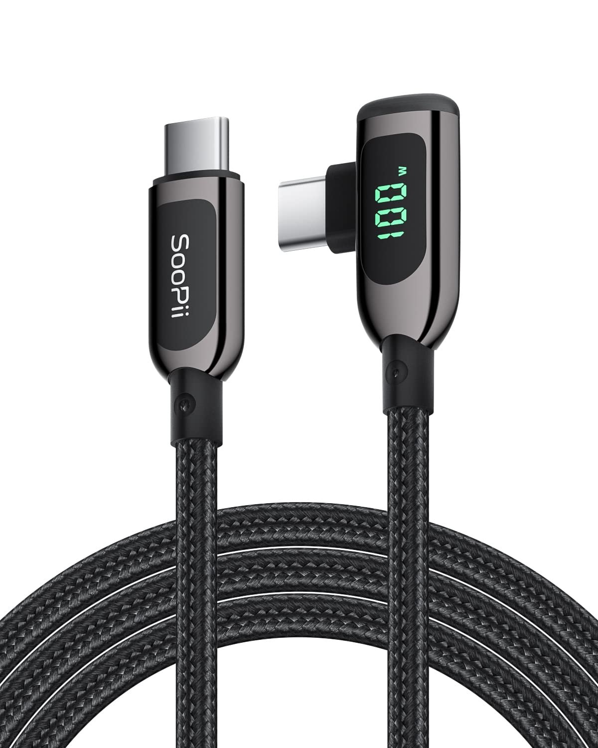 SOOPII 100W Right Angle USB C to USB C Cable,4FT Zinc Alloy Braided Type-C Cable with LED Display for iPhone 16/15, lPad Air/Pro,MacBook Pro,Samsung S23/S22/S10,Pixel,LG(4ft,Black) - Image 2