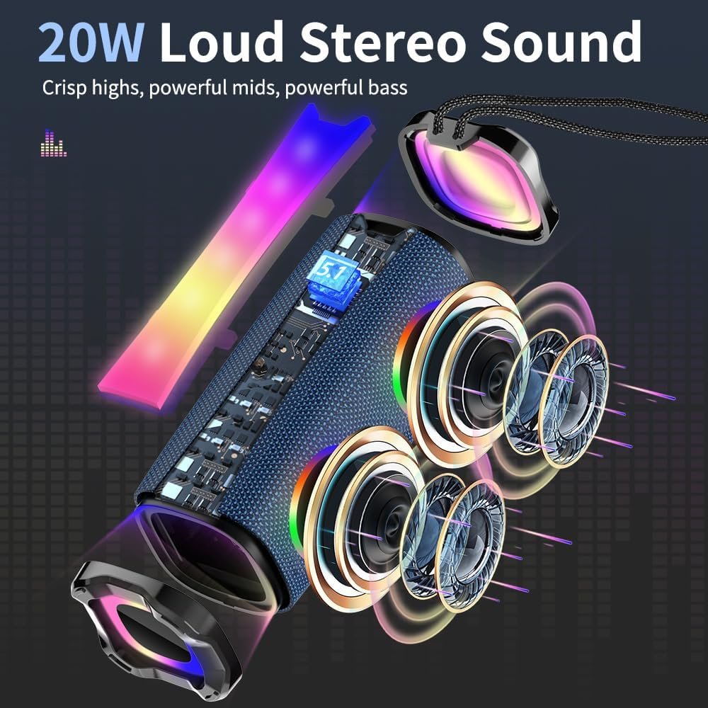 neza Portable Bluetooth Speaker, 20W HD Stereo Sound Wireless Speaker, 18H Playtime Bluetooth Speakers with RGB Flashing Lights, Bluetooth 5.1, IPX7 Waterproof Speakers for Travel/Home/Outdoors Blue - Image 3