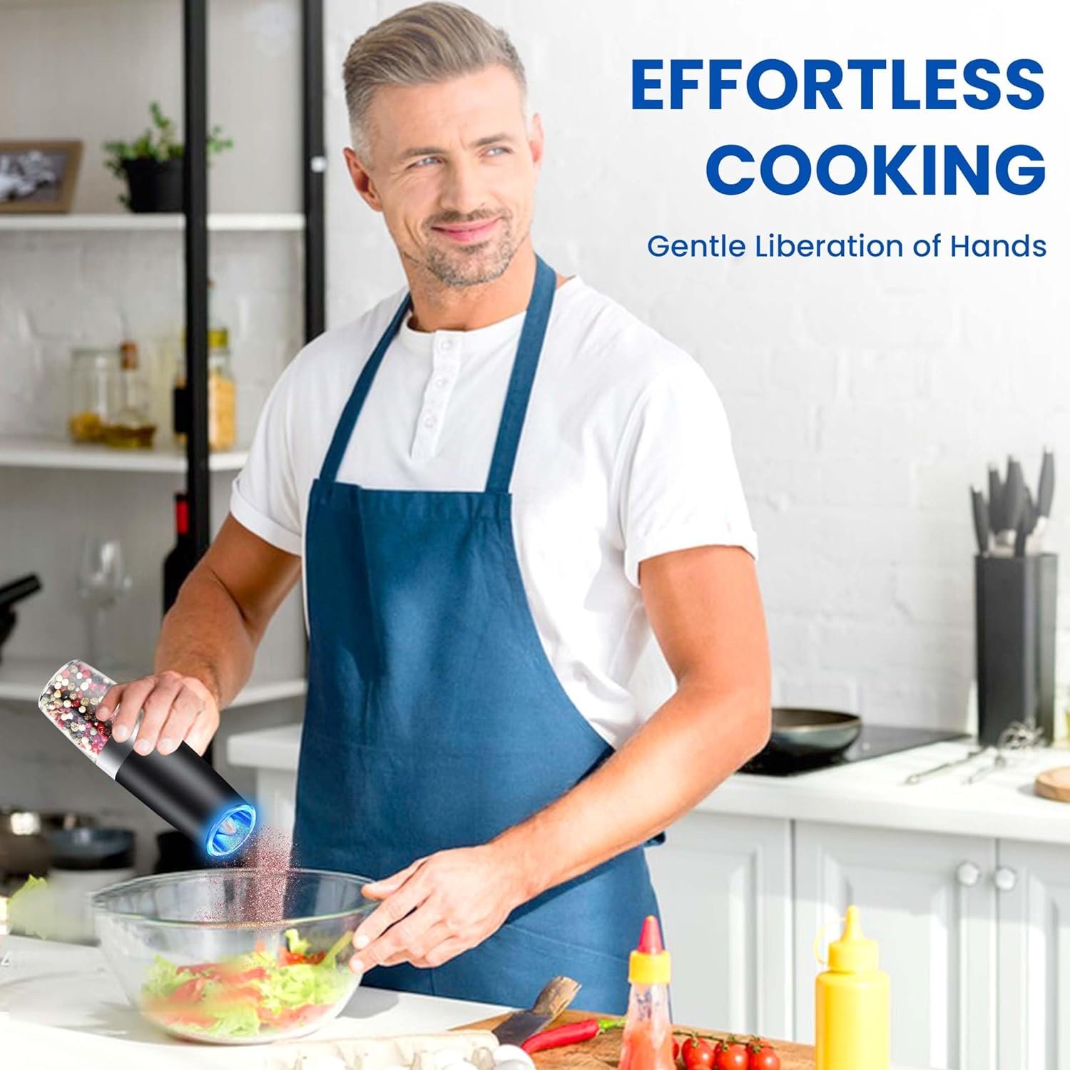 Gravity Electric Salt and Pepper Grinder set of 2, Automatic Salt And Pepper Grinder Set, Adjustable Roughness, Battery Powered, LED Light, 2 Pack Set, (Black) - Image 7