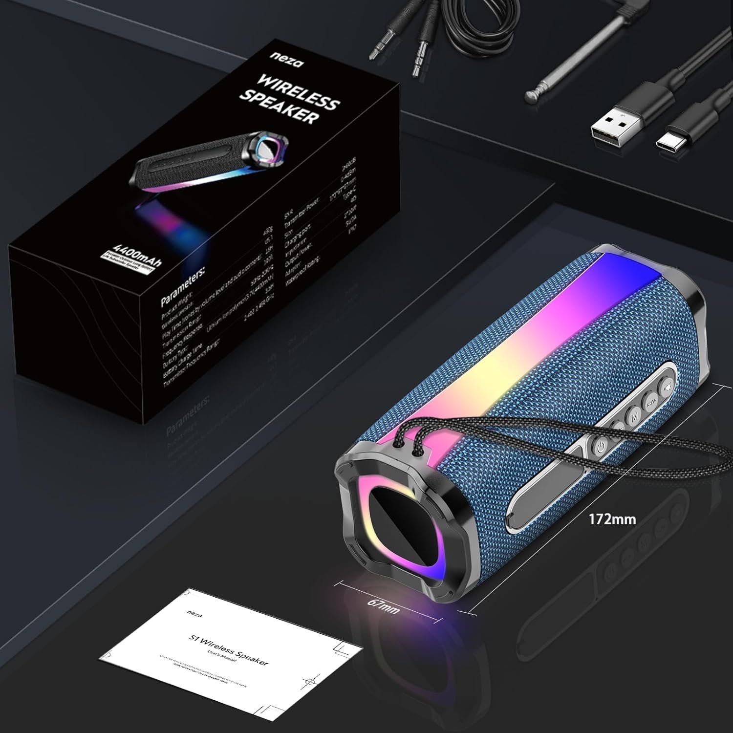 neza Portable Bluetooth Speaker, 20W HD Stereo Sound Wireless Speaker, 18H Playtime Bluetooth Speakers with RGB Flashing Lights, Bluetooth 5.1, IPX7 Waterproof Speakers for Travel/Home/Outdoors Blue - Image 8