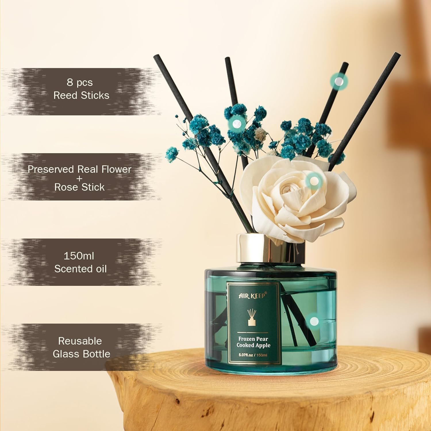 Flower Reed Diffusers Set, 5.07 oz Pear/Apple/Berry Scented Oil Diffuser with 8 Reed Sticks, Home Fragrance Diffuser Gift Set for Bathroom & Office Decor 150ml - Image 6