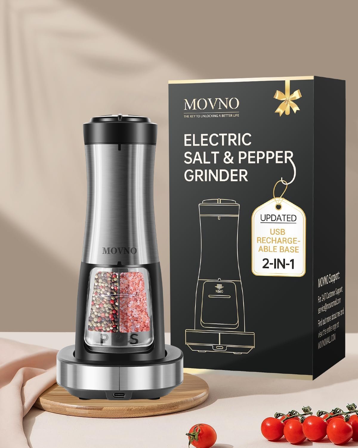 MOVNO 2 in 1 Rechargeable Electric Salt and Pepper Grinder Set with Charging Base, No Need Battery Automatic Salt and Pepper Grinder, One-Handed Operation, Adjustable Ceramic Grinder with LED Light - Image 9