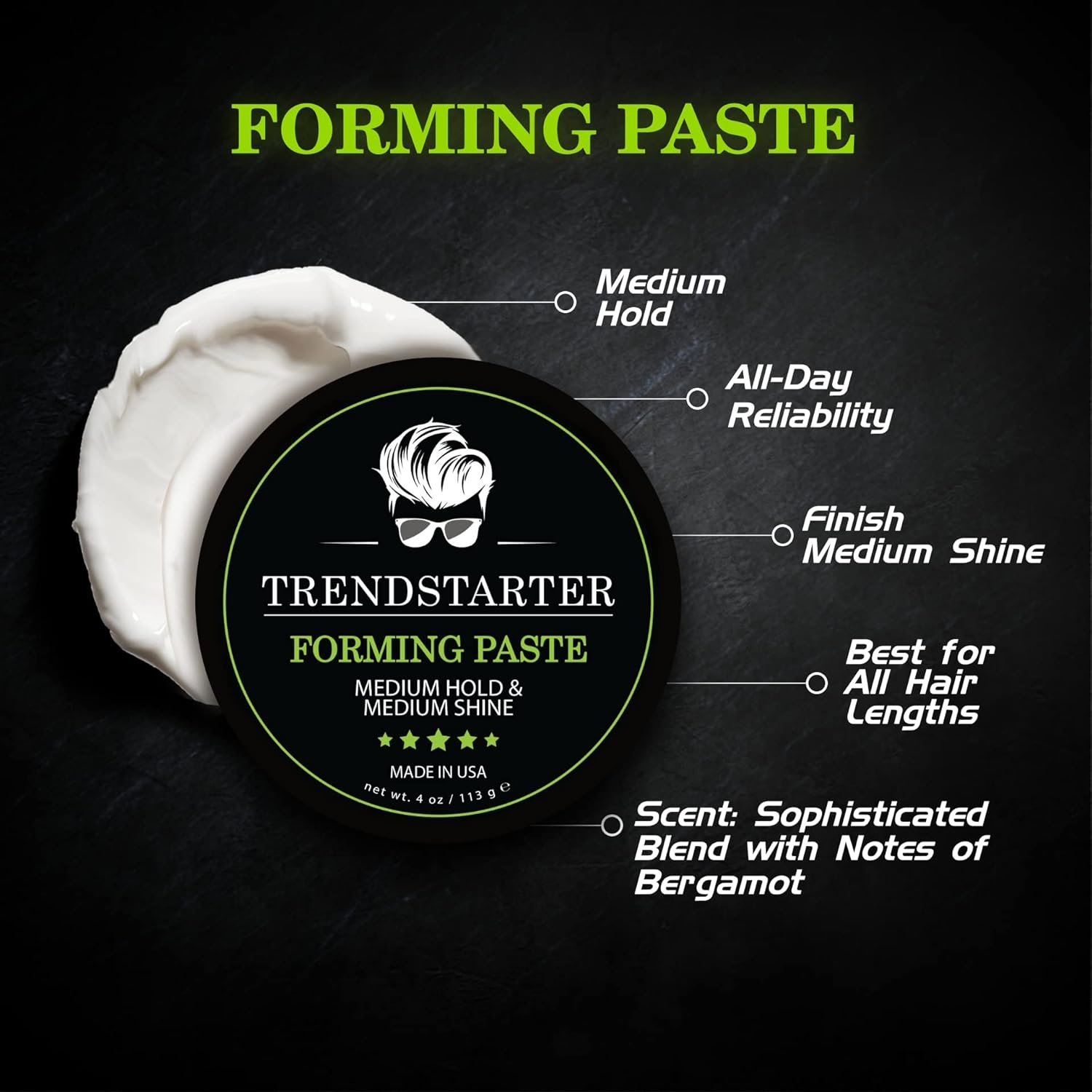 TRENDSTARTER - FORMING PASTE (4oz) - Medium Hold - Medium Shine - Lightweight Water-Based Hair Cream - Premium All-Day Hold Hair Styling Product - Flake-Free Hair Paste for All Hair Types - Image 5