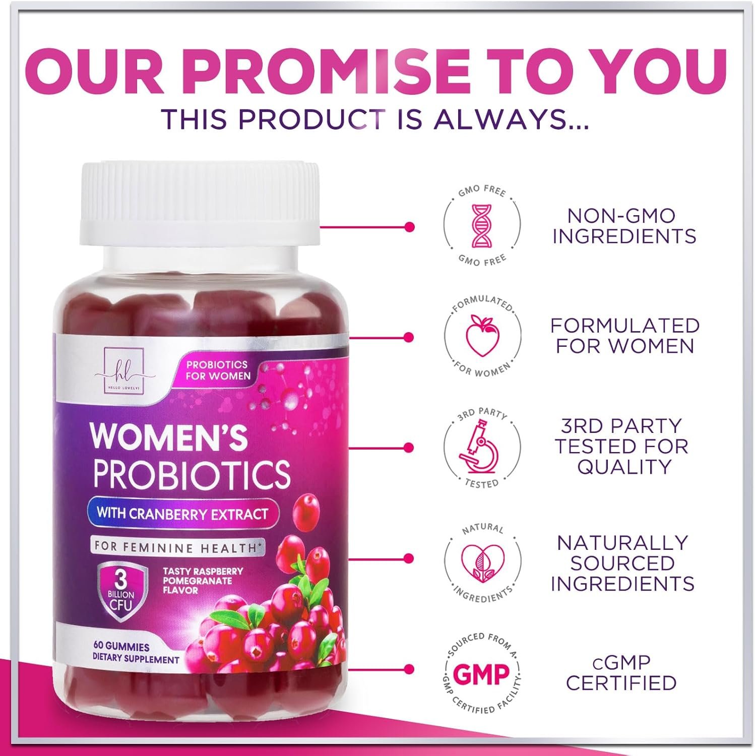 Women's Probiotic - Probiotics for Women Gummy for Digestive Health, Vaginal pH, Urinary & Immune Health Support, 3 Billion CFU w/Cranberry, Probiotic & Prebiotic Gummies for Women - 60 Gummies - Image 5