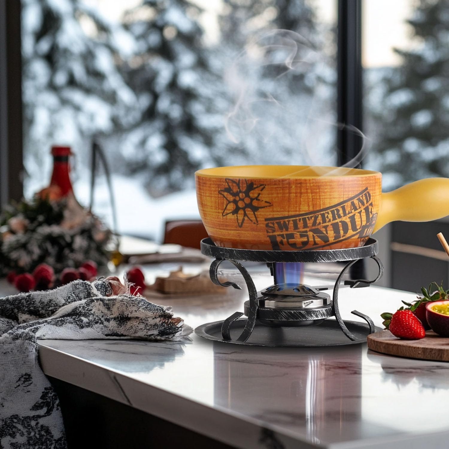 Artestia 2.11-Quart Ceramic Fondue Pot Set for Cheese, Chocolate Melting Pot with 6 Fondue Forks and Swiss Vintage Pattern, Perfect for 6 People, 10 Piece - Image 9