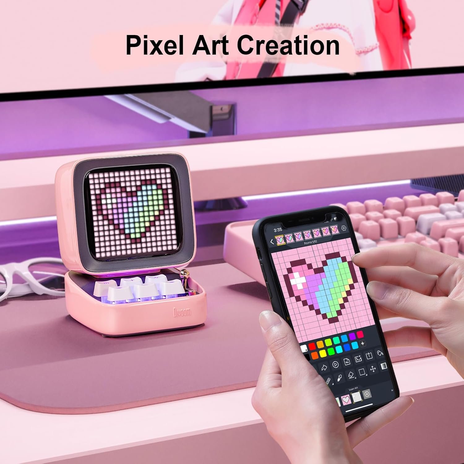 Divoom Ditoo Retro Pixel Art Game Bluetooth Speaker with 16X16 LED App Controlled Front Screen (Pink) - Image 3