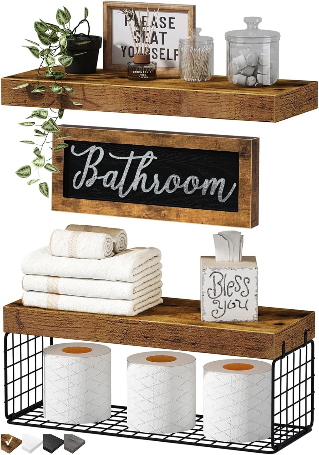 QEEIG Bathroom Shelves Over Toilet Paper Storage Wall Mounted Farmhouse Decor Decorations Aesthetic Décor Sign Small Floating Wall Shelf 2+1 Set 16 inch, Rustic Brown (020BN) - Image 2