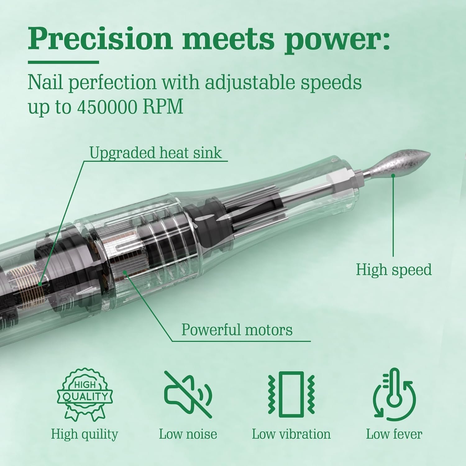 Electric Nail Drill Kit, Low Noise, Low Heat, Low Vibration, Professional Acrylic Nail Drill Machine with 6 Nail Drill Bits and Sanding Bands, Great for a DIY Home or Salon Mani-Pedis (Green) - Image 6