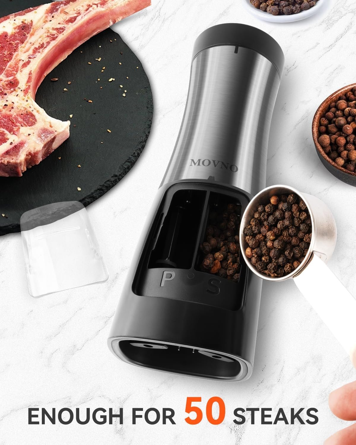 MOVNO 2 in 1 Rechargeable Electric Salt and Pepper Grinder Set with Charging Base, No Need Battery Automatic Salt and Pepper Grinder, One-Handed Operation, Adjustable Ceramic Grinder with LED Light - Image 7