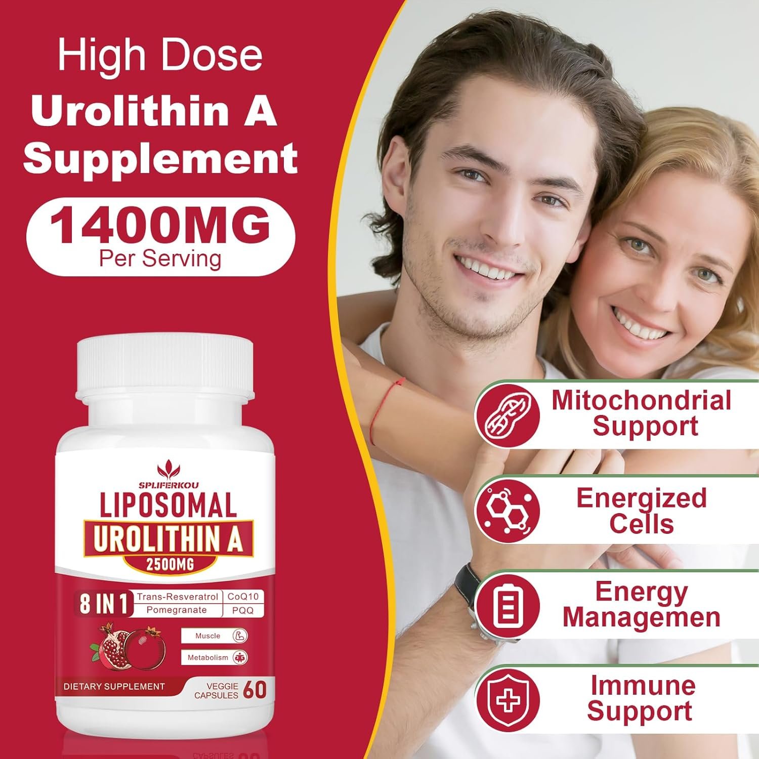 Liposomal Urolithin A Supplement 2500mg with Resveratrol,CoQ10,Pomegranate Fruit Extract,Premium Cellular Energy Regeneration,Gluten Free,60Capsules - Image 4