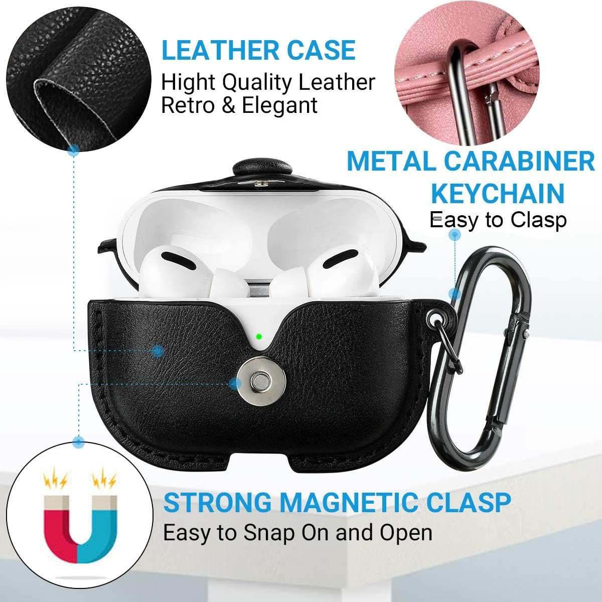 Maxjoy for AirPods Pro 2 Case Leather, Airpods Pro Leather Case Cover with Keychain Airpods Strap Compatible with Apple Airpods Pro 2nd Generation 2023 2022/ AirPods Pro 2019 (Front LED Visible),Black - Image 5