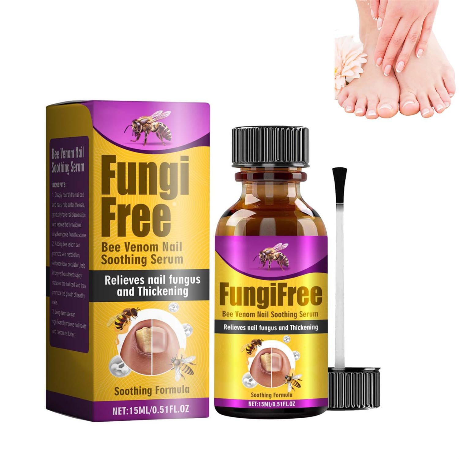 Bee Venom Nail Care Solution, Foot Care Soothing Serum, Soft Nail Cream with Brush Head for Athletes Foot, Thick Toe Care, Thick, Broken, Discolored or Damaged Nail (1pcs) - Image 2
