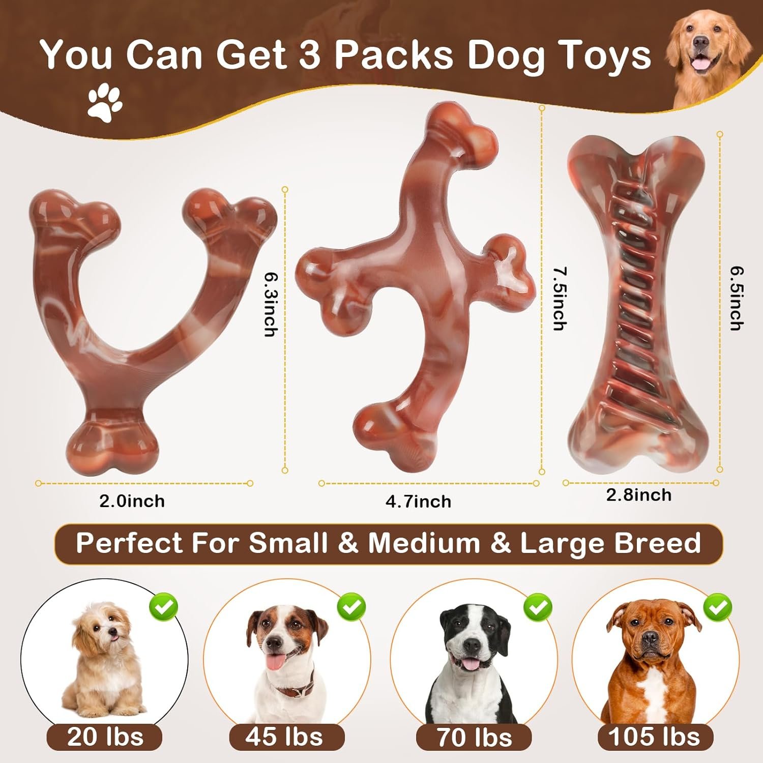 NOUGAT Dog Toys for Aggressive Chewers 3 Pack Indestructible Dog Toy Tough Nylon Bacon Flavor Dog Chew Toys for Large Medium Small Breed - Image 3