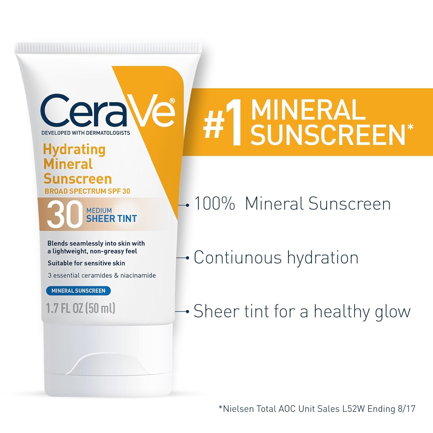 CeraVe Hydrating Mineral Sunscreen SPF 30 with Sheer Tint | Tinted Mineral Sunscreen with Zinc Oxide & Titanium Dioxide | Blends Seamlessly For Healthy Glow | Medium, 1.7 Fluid Ounce - Image 5