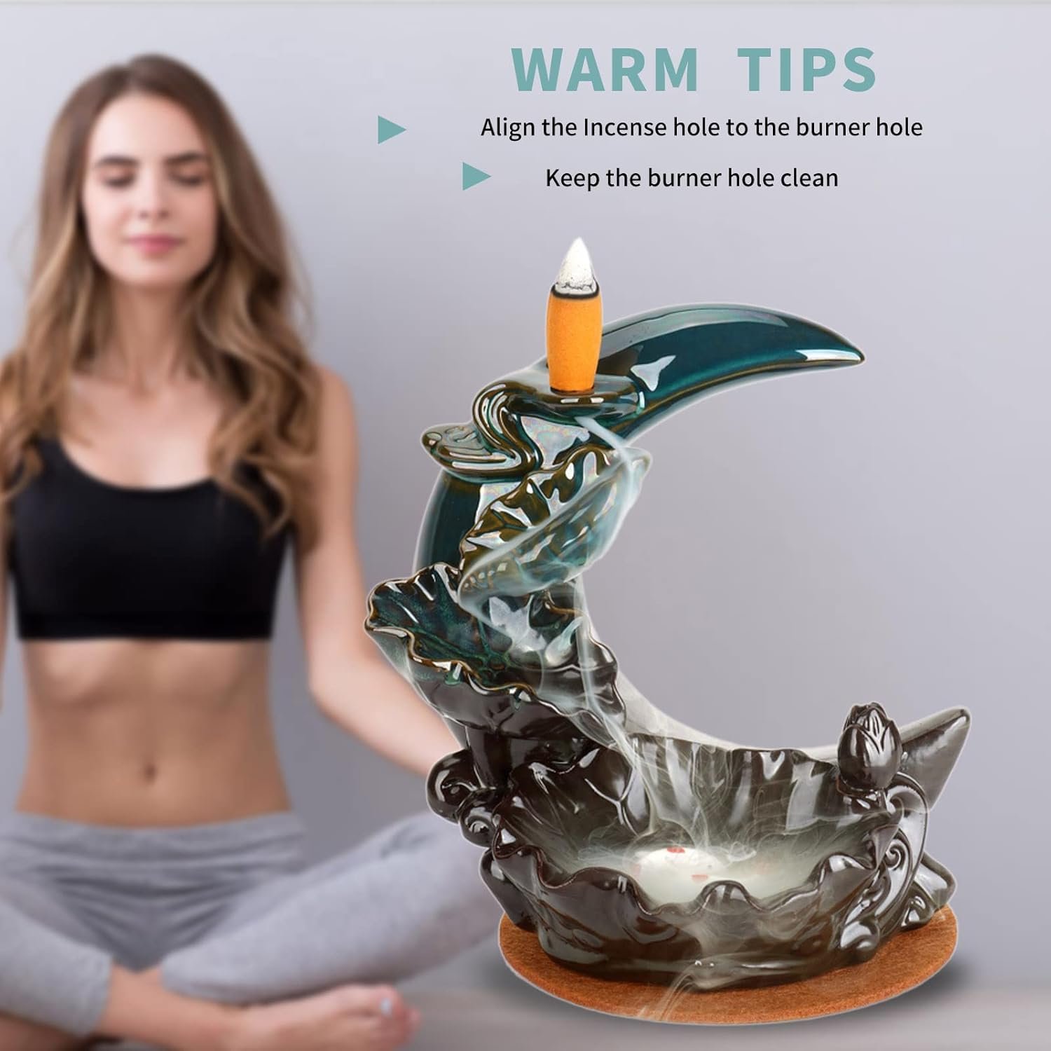 YYW Backflow Incense Holder Incense Burner Waterfall with 20 Incense Cones+30 Incense Stick,Lucky Fish Aromatherapy Ornament Home Decor (Moon and Fish) - Image 4