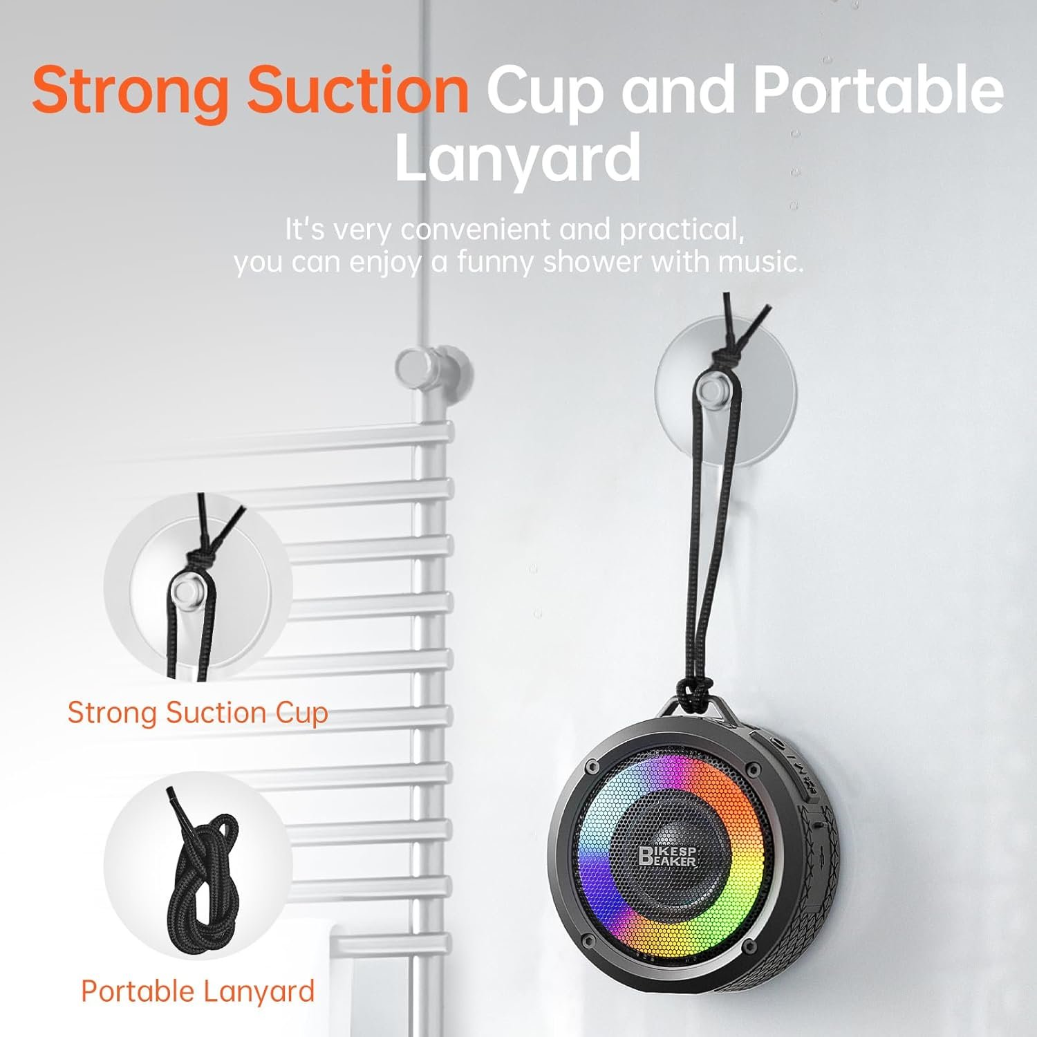 Bluetooth Shower Speaker, Upgraded Portable Shower Speakers Wireless Bluetooth 5.4, IP7 Waterproof Speakers with LED Lights, 12H Playtime, Suction Cup, Lanyard, Handsfree for Pool Bathroom Beach Party - Image 5